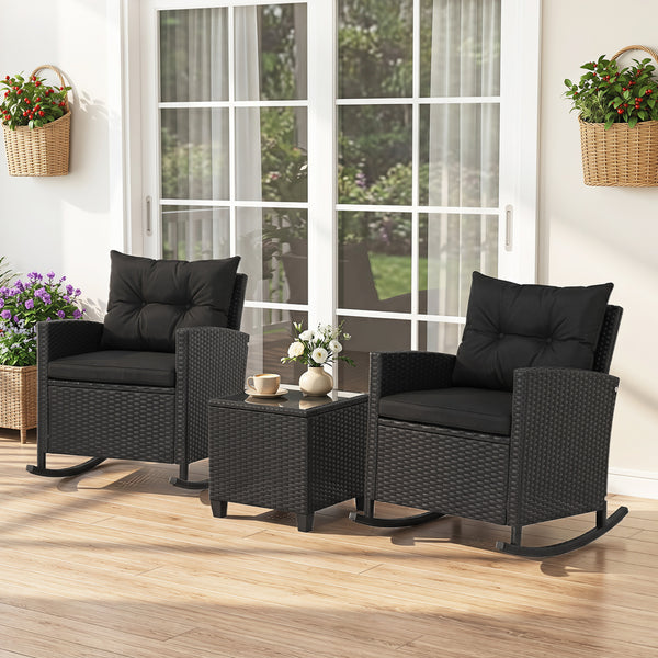 Non-slip base with stopper for sturdy rocking motion<br>Well-woven mix brown PE rattan for durability and elegant<br>Heavy-duty metal frame for strong support<br>Ergonomic backrest and curved armrests make you relaxed<br>Soft seat and back cushion offer m