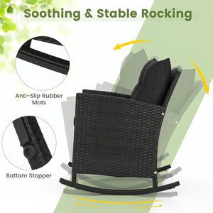 Non-slip base with stopper for sturdy rocking motion<br>Well-woven mix brown PE rattan for durability and elegant<br>Heavy-duty metal frame for strong support<br>Ergonomic backrest and curved armrests make you relaxed<br>Soft seat and back cushion offer m