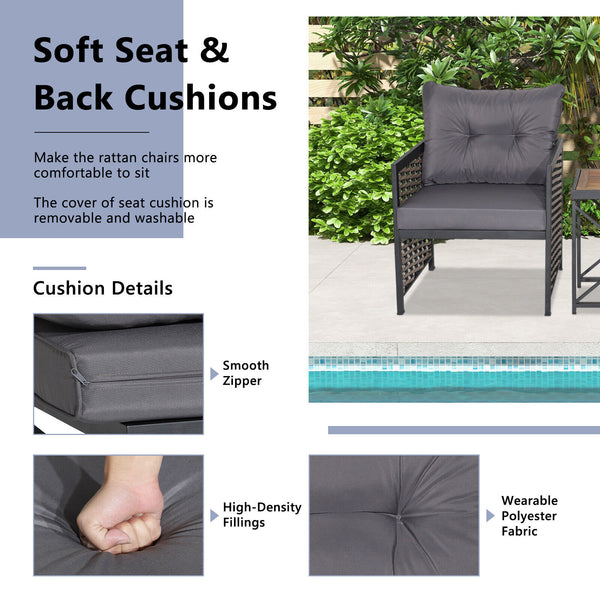 Package includes 2 x Chairs  1 x Table  2 x Seat Cushions  2 x Back Cushions  1 x Instruction <br>Ergonomic seat with inclined backrest for much comfort <br>Soft seat and back cushions make the seat cozier to sit <br>Easy to remove and clean the cover of 