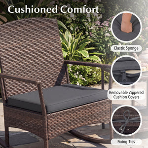 Stable rocking base with bottom stoppers and anti-slip pads<br>Wide seat and high backrest for better relaxation<br>Seat cushion with elastic fillings for extra comfort<br>Fixing ropes to keep cushions in place<br>Functional zippers for easy removal and w