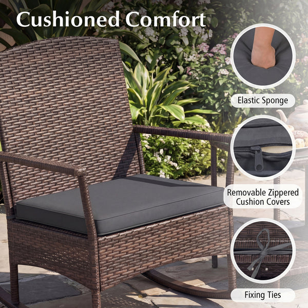 Stable rocking base with bottom stoppers and anti-slip pads<br>Wide seat and high backrest for better relaxation<br>Seat cushion with elastic fillings for extra comfort<br>Fixing ropes to keep cushions in place<br>Functional zippers for easy removal and w