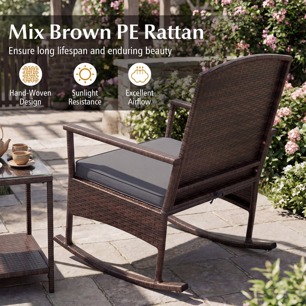Stable rocking base with bottom stoppers and anti-slip pads<br>Wide seat and high backrest for better relaxation<br>Seat cushion with elastic fillings for extra comfort<br>Fixing ropes to keep cushions in place<br>Functional zippers for easy removal and w