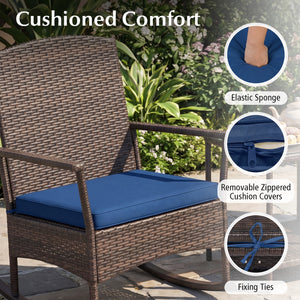 Stable rocking base with bottom stoppers and anti-slip pads<br>Wide seat and high backrest for better relaxation<br>Seat cushion with elastic fillings for extra comfort<br>Fixing ropes to keep cushions in place<br>Functional zippers for easy removal and w