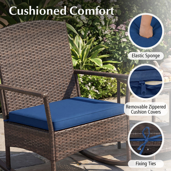 Stable rocking base with bottom stoppers and anti-slip pads<br>Wide seat and high backrest for better relaxation<br>Seat cushion with elastic fillings for extra comfort<br>Fixing ropes to keep cushions in place<br>Functional zippers for easy removal and w