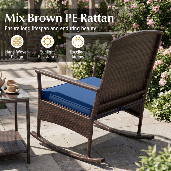 Stable rocking base with bottom stoppers and anti-slip pads<br>Wide seat and high backrest for better relaxation<br>Seat cushion with elastic fillings for extra comfort<br>Fixing ropes to keep cushions in place<br>Functional zippers for easy removal and w