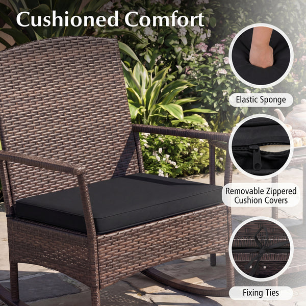 Stable rocking base with bottom stoppers and anti-slip pads<br>Wide seat and high backrest for better relaxation<br>Seat cushion with elastic fillings for extra comfort<br>Fixing ropes to keep cushions in place<br>Functional zippers for easy removal and w