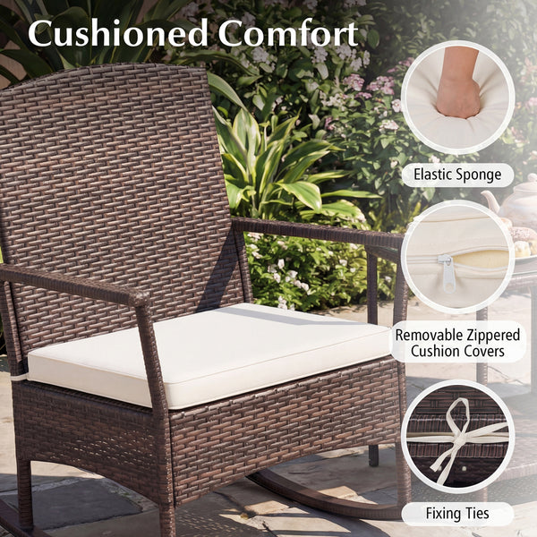 Stable rocking base with bottom stoppers and anti-slip pads<br>Wide seat and high backrest for better relaxation<br>Seat cushion with elastic fillings for extra comfort<br>Fixing ropes to keep cushions in place<br>Functional zippers for easy removal and w