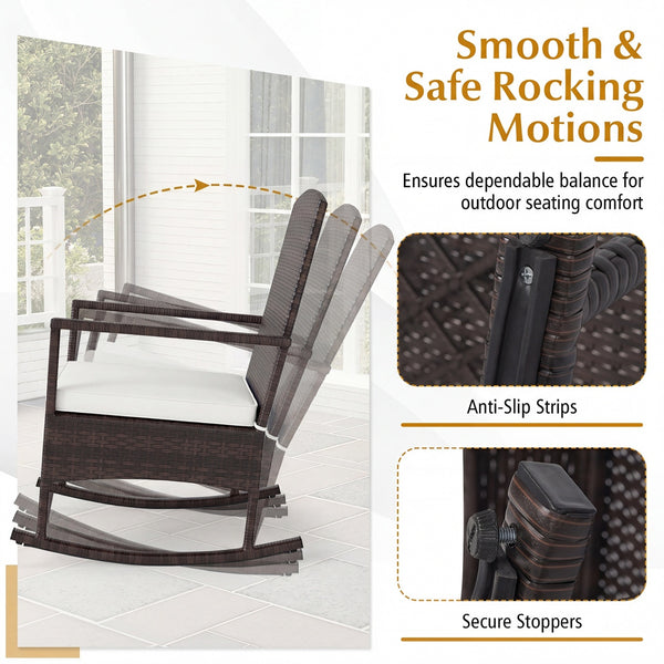 Stable rocking base with bottom stoppers and anti-slip pads<br>Wide seat and high backrest for better relaxation<br>Seat cushion with elastic fillings for extra comfort<br>Fixing ropes to keep cushions in place<br>Functional zippers for easy removal and w