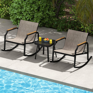 Rock back and forth gently for ultimate relaxation<br>Bottom stoppers and non-slip pads for high safety<br>Seat and back made of long-lasting and breathable fabric<br>Supported by heavy-duty metal frame for high stability<br>Tempered glass tabletop is app