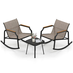 Rock back and forth gently for ultimate relaxation<br>Bottom stoppers and non-slip pads for high safety<br>Seat and back made of long-lasting and breathable fabric<br>Supported by heavy-duty metal frame for high stability<br>Tempered glass tabletop is app