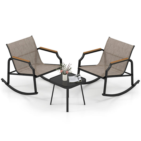 Rock back and forth gently for ultimate relaxation<br>Bottom stoppers and non-slip pads for high safety<br>Seat and back made of long-lasting and breathable fabric<br>Supported by heavy-duty metal frame for high stability<br>Tempered glass tabletop is app