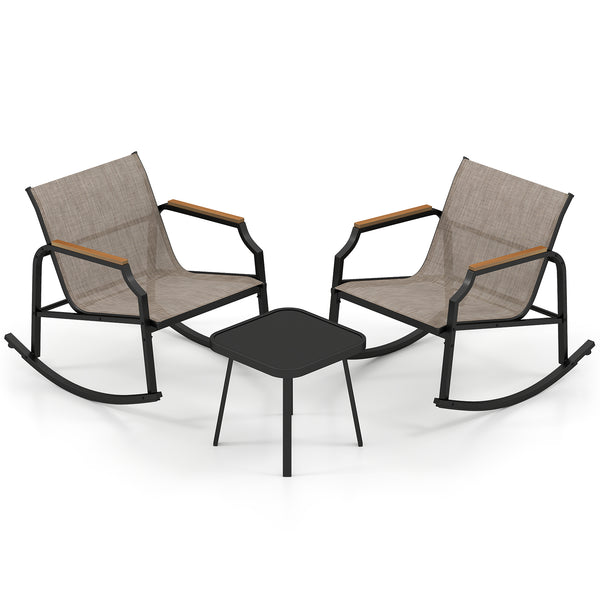 Rock back and forth gently for ultimate relaxation<br>Bottom stoppers and non-slip pads for high safety<br>Seat and back made of long-lasting and breathable fabric<br>Supported by heavy-duty metal frame for high stability<br>Tempered glass tabletop is app