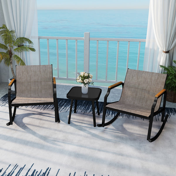 Rock back and forth gently for ultimate relaxation<br>Bottom stoppers and non-slip pads for high safety<br>Seat and back made of long-lasting and breathable fabric<br>Supported by heavy-duty metal frame for high stability<br>Tempered glass tabletop is app