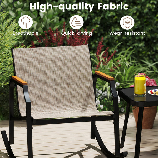 Rock back and forth gently for ultimate relaxation<br>Bottom stoppers and non-slip pads for high safety<br>Seat and back made of long-lasting and breathable fabric<br>Supported by heavy-duty metal frame for high stability<br>Tempered glass tabletop is app