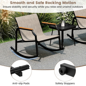 Rock back and forth gently for ultimate relaxation<br>Bottom stoppers and non-slip pads for high safety<br>Seat and back made of long-lasting and breathable fabric<br>Supported by heavy-duty metal frame for high stability<br>Tempered glass tabletop is app