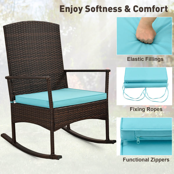 Stable rocking base with bottom stoppers and anti-slip pads<br>Wide seat and high backrest for better relaxation<br>Seat cushion with elastic fillings for extra comfort<br>Fixing ropes to keep cushions in place<br>Functional zippers for easy removal and w