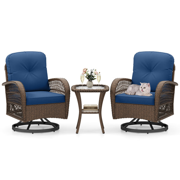 360Â° swiveling and smooth gliding make you fully relaxed<br>Crafted with well-woven rattan for long-lasting elegance<br>Soft seat and back cushions add more comfort<br>Zippers of seat cushions for easy cleaning<br>Tufted back cushions for more beauty<br>