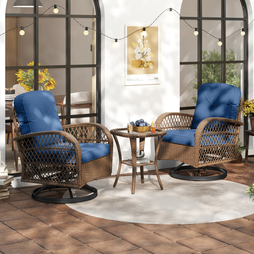 360Â° swiveling and smooth gliding make you fully relaxed<br>Crafted with well-woven rattan for long-lasting elegance<br>Soft seat and back cushions add more comfort<br>Zippers of seat cushions for easy cleaning<br>Tufted back cushions for more beauty<br>