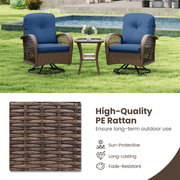 360Â° swiveling and smooth gliding make you fully relaxed<br>Crafted with well-woven rattan for long-lasting elegance<br>Soft seat and back cushions add more comfort<br>Zippers of seat cushions for easy cleaning<br>Tufted back cushions for more beauty<br>