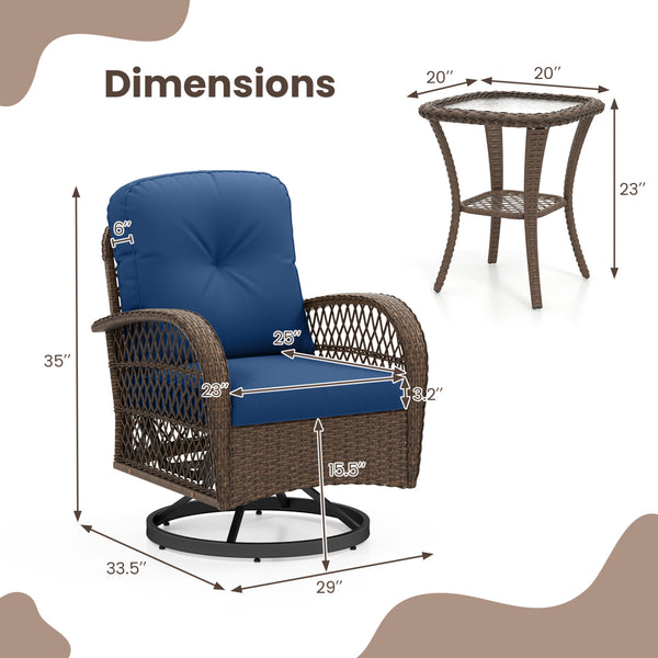 360Â° swiveling and smooth gliding make you fully relaxed<br>Crafted with well-woven rattan for long-lasting elegance<br>Soft seat and back cushions add more comfort<br>Zippers of seat cushions for easy cleaning<br>Tufted back cushions for more beauty<br>