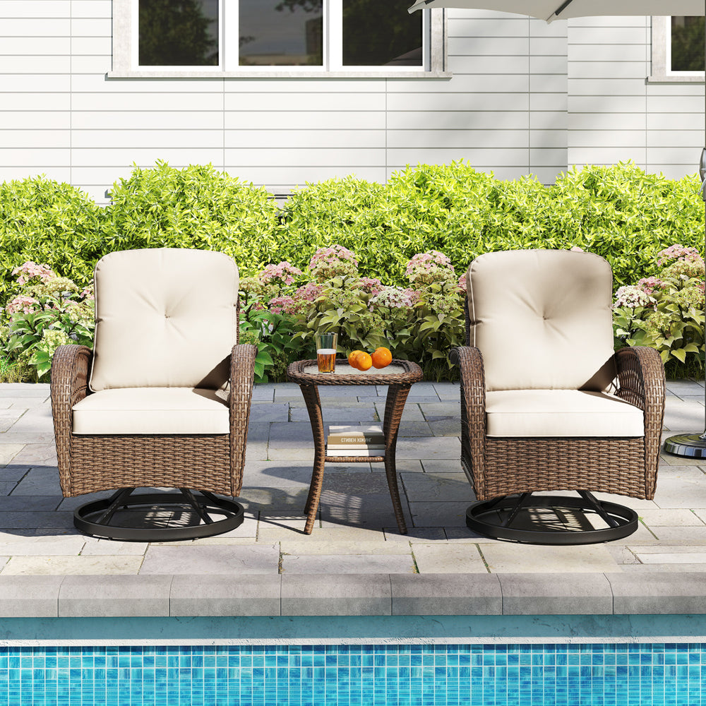 360Â° swiveling and smooth gliding make you fully relaxed<br>Crafted with well-woven rattan for long-lasting elegance<br>Soft seat and back cushions add more comfort<br>Zippers of seat cushions for easy cleaning<br>Tufted back cushions for more beauty<br>