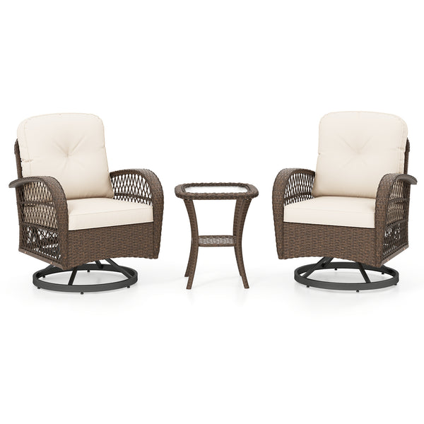 360Â° swiveling and smooth gliding make you fully relaxed<br>Crafted with well-woven rattan for long-lasting elegance<br>Soft seat and back cushions add more comfort<br>Zippers of seat cushions for easy cleaning<br>Tufted back cushions for more beauty<br>