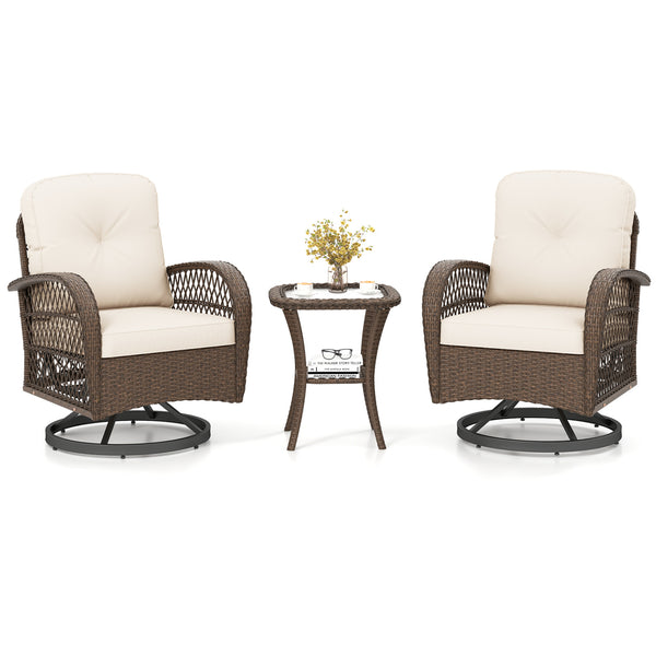 360Â° swiveling and smooth gliding make you fully relaxed<br>Crafted with well-woven rattan for long-lasting elegance<br>Soft seat and back cushions add more comfort<br>Zippers of seat cushions for easy cleaning<br>Tufted back cushions for more beauty<br>