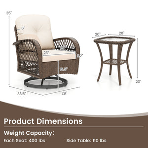 360Â° swiveling and smooth gliding make you fully relaxed<br>Crafted with well-woven rattan for long-lasting elegance<br>Soft seat and back cushions add more comfort<br>Zippers of seat cushions for easy cleaning<br>Tufted back cushions for more beauty<br>