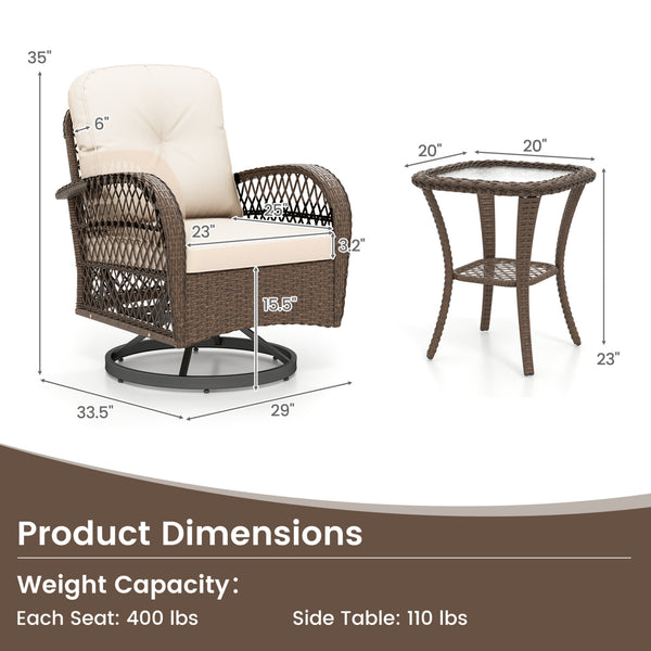 360Â° swiveling and smooth gliding make you fully relaxed<br>Crafted with well-woven rattan for long-lasting elegance<br>Soft seat and back cushions add more comfort<br>Zippers of seat cushions for easy cleaning<br>Tufted back cushions for more beauty<br>