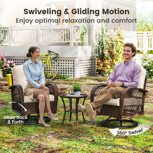 360Â° swiveling and smooth gliding make you fully relaxed<br>Crafted with well-woven rattan for long-lasting elegance<br>Soft seat and back cushions add more comfort<br>Zippers of seat cushions for easy cleaning<br>Tufted back cushions for more beauty<br>