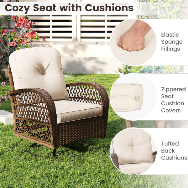 360Â° swiveling and smooth gliding make you fully relaxed<br>Crafted with well-woven rattan for long-lasting elegance<br>Soft seat and back cushions add more comfort<br>Zippers of seat cushions for easy cleaning<br>Tufted back cushions for more beauty<br>
