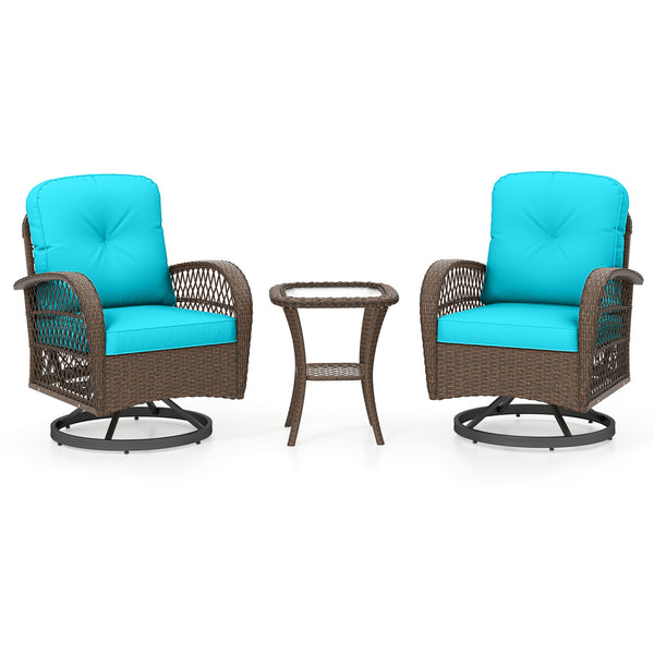 360Â° swiveling and smooth gliding make you fully relaxed<br>Crafted with well-woven rattan for long-lasting elegance<br>Soft seat and back cushions add more comfort<br>Zippers of seat cushions for easy cleaning<br>Tufted back cushions for more beauty<br>