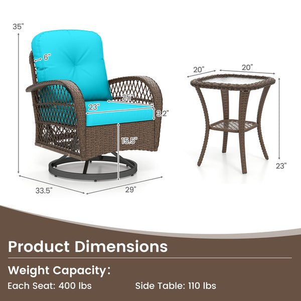 360Â° swiveling and smooth gliding make you fully relaxed<br>Crafted with well-woven rattan for long-lasting elegance<br>Soft seat and back cushions add more comfort<br>Zippers of seat cushions for easy cleaning<br>Tufted back cushions for more beauty<br>