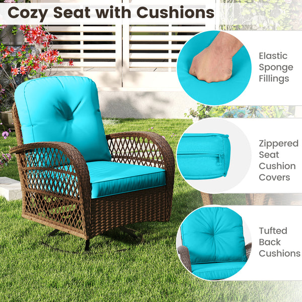 360Â° swiveling and smooth gliding make you fully relaxed<br>Crafted with well-woven rattan for long-lasting elegance<br>Soft seat and back cushions add more comfort<br>Zippers of seat cushions for easy cleaning<br>Tufted back cushions for more beauty<br>