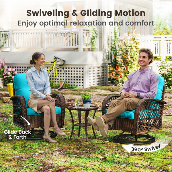 360Â° swiveling and smooth gliding make you fully relaxed<br>Crafted with well-woven rattan for long-lasting elegance<br>Soft seat and back cushions add more comfort<br>Zippers of seat cushions for easy cleaning<br>Tufted back cushions for more beauty<br>