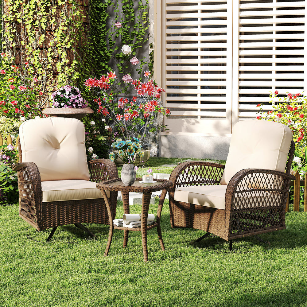 360Â° swiveling and smooth gliding make you fully relaxed<br>Crafted with well-woven rattan for long-lasting elegance<br>Soft seat and back cushions add more comfort<br>Zippers of seat cushions for easy cleaning<br>Tufted back cushions for more beauty<br>