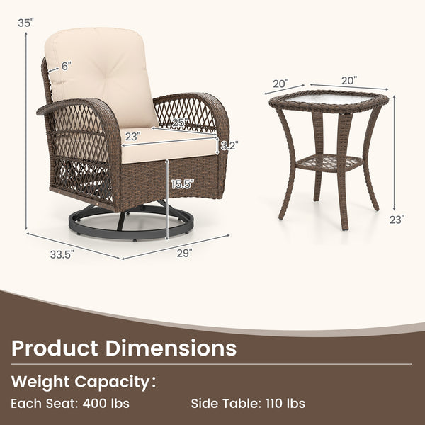 360Â° swiveling and smooth gliding make you fully relaxed<br>Crafted with well-woven rattan for long-lasting elegance<br>Soft seat and back cushions add more comfort<br>Zippers of seat cushions for easy cleaning<br>Tufted back cushions for more beauty<br>
