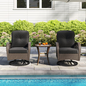360Â° swiveling and smooth gliding make you fully relaxed<br>Crafted with well-woven rattan for long-lasting elegance<br>Soft seat and back cushions add more comfort<br>Zippers of seat cushions for easy cleaning<br>Tufted back cushions for more beauty<br>