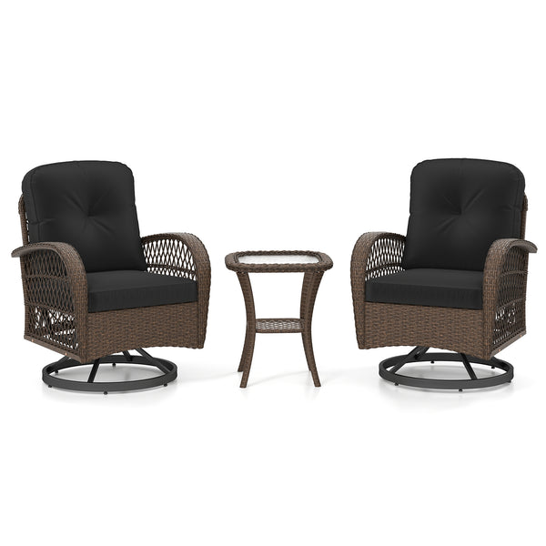 360Â° swiveling and smooth gliding make you fully relaxed<br>Crafted with well-woven rattan for long-lasting elegance<br>Soft seat and back cushions add more comfort<br>Zippers of seat cushions for easy cleaning<br>Tufted back cushions for more beauty<br>