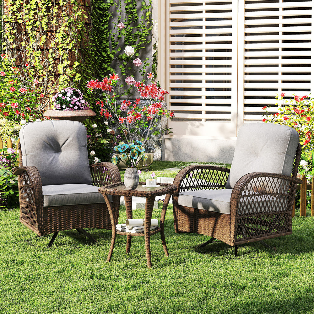 360Â° swiveling and smooth gliding make you fully relaxed<br>Crafted with well-woven rattan for long-lasting elegance<br>Soft seat and back cushions add more comfort<br>Zippers of seat cushions for easy cleaning<br>Tufted back cushions for more beauty<br>