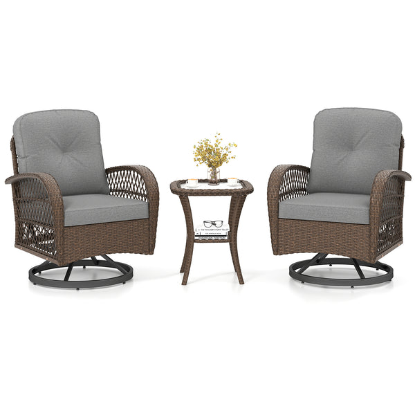 360Â° swiveling and smooth gliding make you fully relaxed<br>Crafted with well-woven rattan for long-lasting elegance<br>Soft seat and back cushions add more comfort<br>Zippers of seat cushions for easy cleaning<br>Tufted back cushions for more beauty<br>