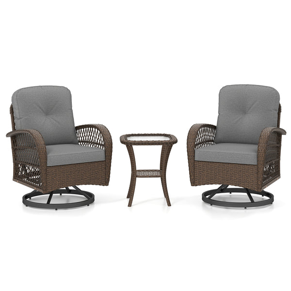 360Â° swiveling and smooth gliding make you fully relaxed<br>Crafted with well-woven rattan for long-lasting elegance<br>Soft seat and back cushions add more comfort<br>Zippers of seat cushions for easy cleaning<br>Tufted back cushions for more beauty<br>