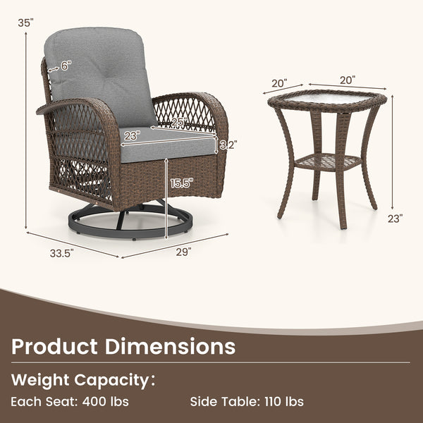 360Â° swiveling and smooth gliding make you fully relaxed<br>Crafted with well-woven rattan for long-lasting elegance<br>Soft seat and back cushions add more comfort<br>Zippers of seat cushions for easy cleaning<br>Tufted back cushions for more beauty<br>