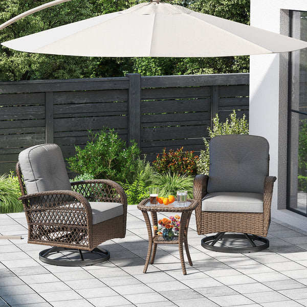 360Â° swiveling and smooth gliding make you fully relaxed<br>Crafted with well-woven rattan for long-lasting elegance<br>Soft seat and back cushions add more comfort<br>Zippers of seat cushions for easy cleaning<br>Tufted back cushions for more beauty<br>