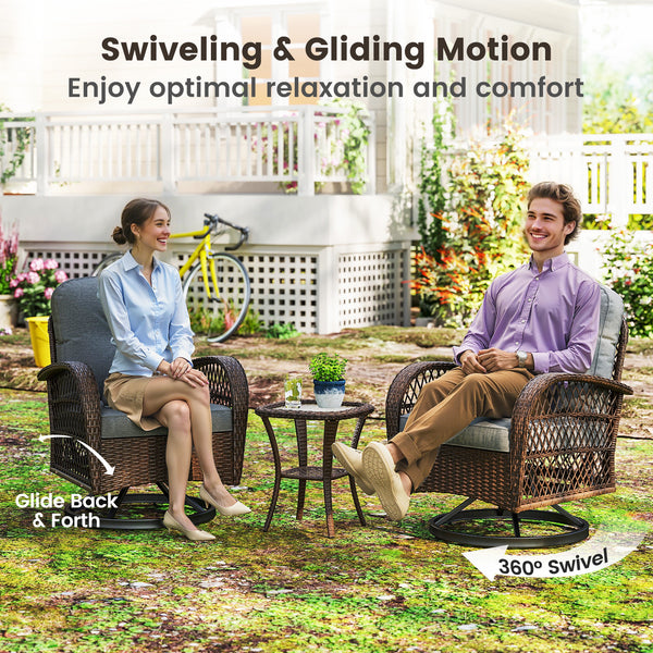 360Â° swiveling and smooth gliding make you fully relaxed<br>Crafted with well-woven rattan for long-lasting elegance<br>Soft seat and back cushions add more comfort<br>Zippers of seat cushions for easy cleaning<br>Tufted back cushions for more beauty<br>