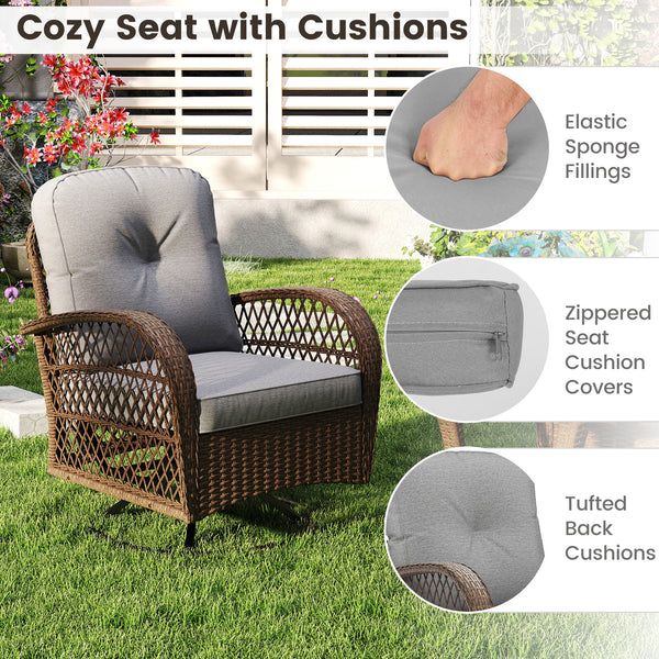 360Â° swiveling and smooth gliding make you fully relaxed<br>Crafted with well-woven rattan for long-lasting elegance<br>Soft seat and back cushions add more comfort<br>Zippers of seat cushions for easy cleaning<br>Tufted back cushions for more beauty<br>