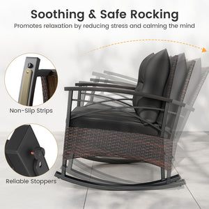 Gentle rocking motion will provide you with more relaxation<br>Safe to rock thanks to anti-slip strips and anti-rollover stoppers<br>Hand-woven mix brown PE rattan combines durability with beauty<br>Soft back & seat cushions filled with high-elastic spong