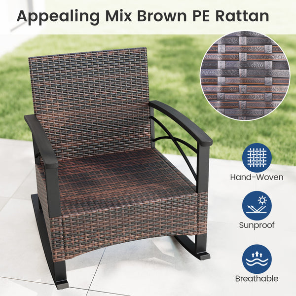 Gentle rocking motion will provide you with more relaxation<br>Safe to rock thanks to anti-slip strips and anti-rollover stoppers<br>Hand-woven mix brown PE rattan combines durability with beauty<br>Soft back & seat cushions filled with high-elastic spong