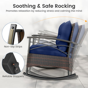 Gentle rocking motion will provide you with more relaxation<br>Safe to rock thanks to anti-slip strips and anti-rollover stoppers<br>Hand-woven mix brown PE rattan combines durability with beauty<br>Soft back & seat cushions filled with high-elastic spong