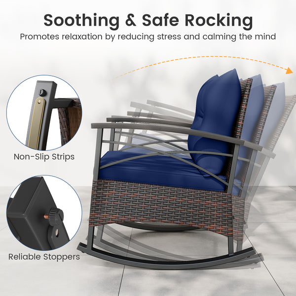 Gentle rocking motion will provide you with more relaxation<br>Safe to rock thanks to anti-slip strips and anti-rollover stoppers<br>Hand-woven mix brown PE rattan combines durability with beauty<br>Soft back & seat cushions filled with high-elastic spong